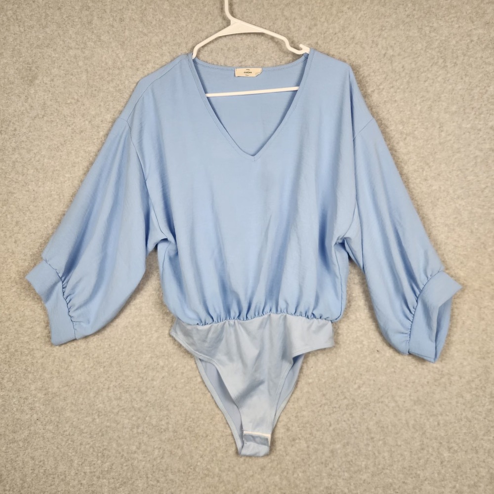 Entro Bodysuit Womens Small Blue V Neck 3/4 Sleeve Blouse Top Stretchy USA
